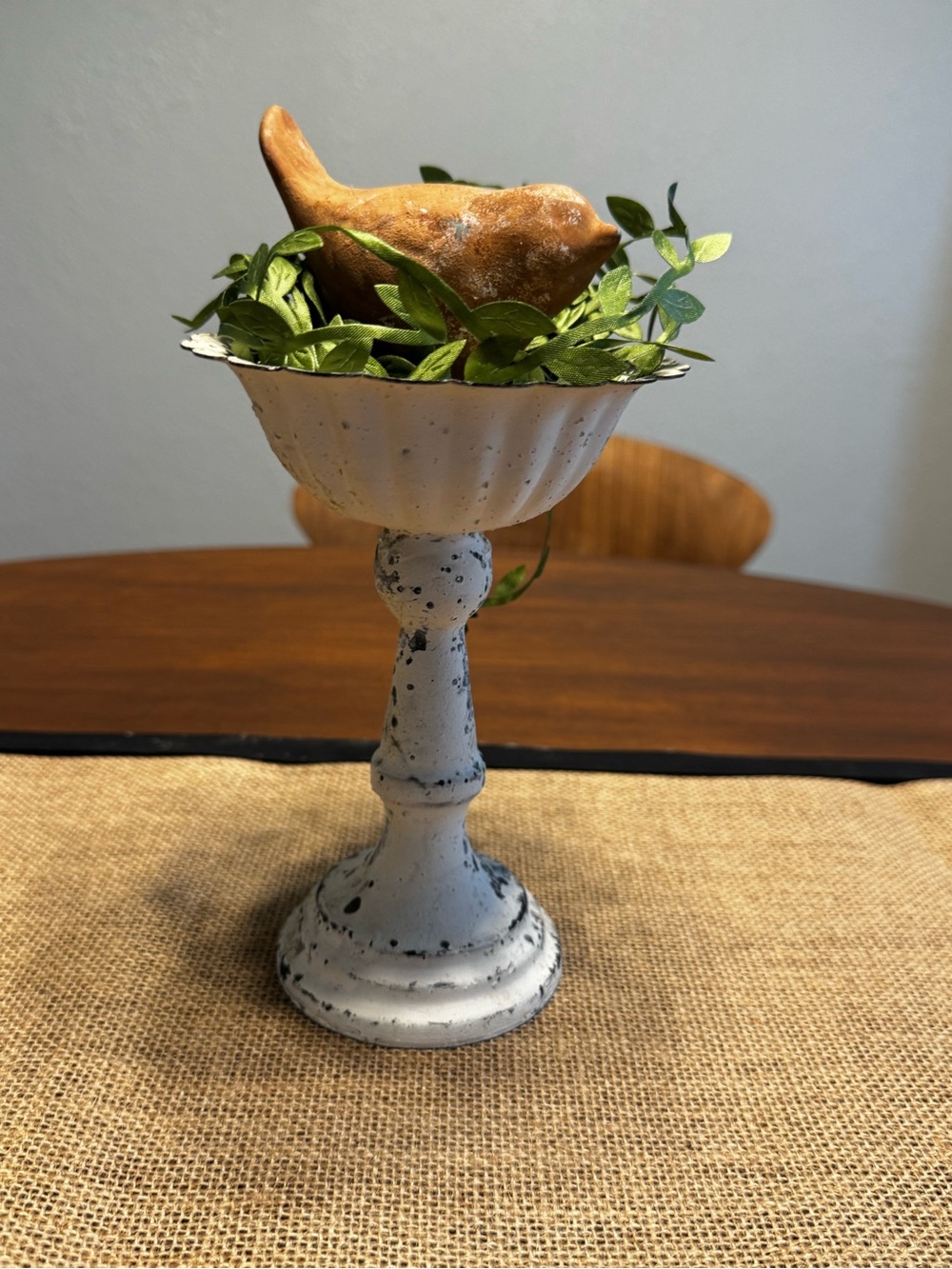 Farmhouse Distressed White Metal Pedestal Bowl Fluted Scalloped Compote Decor